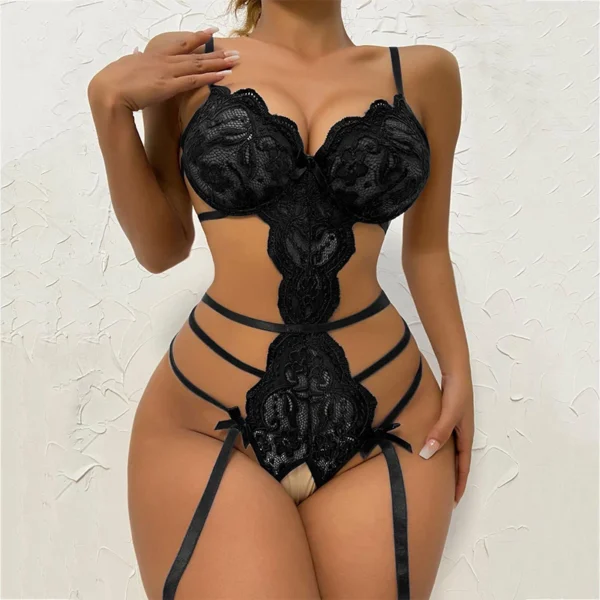 Lingerie sexy en dentelle transparente pour femme – Body sans couture, nuisette ouverte, décolleté plongeant, jarretelles et entrejambe ouvert – Image 10