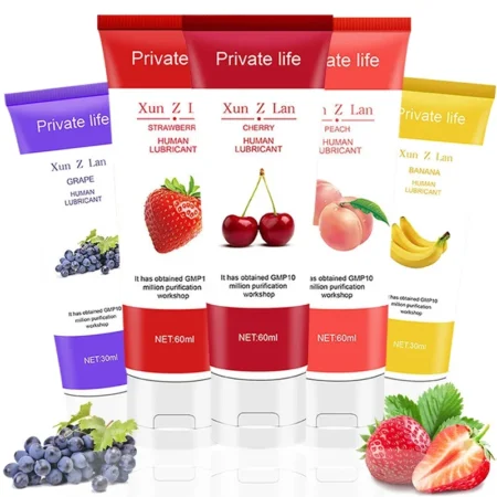 "Lubrifiant Intime Fruité 30/60 ml - Saveurs Pêche, Fraise, Banane, Raisin - Gel Sensuel pour Plaisirs Vaginal, Anal et Oral"